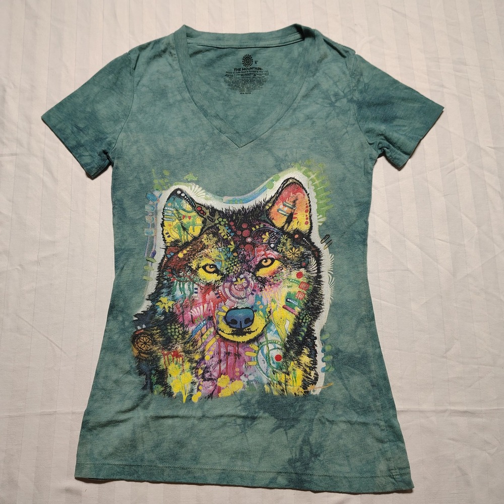 The Mountain Teal V-Neck Wolf Graphic Tee